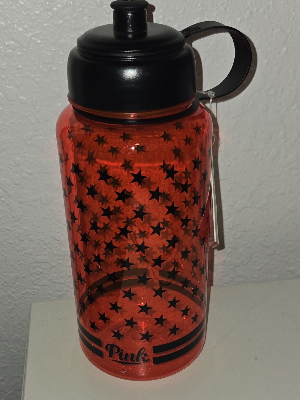 PINK Victoria's Secret Orange Star-Print Water Bottle with Black Lid and Handle